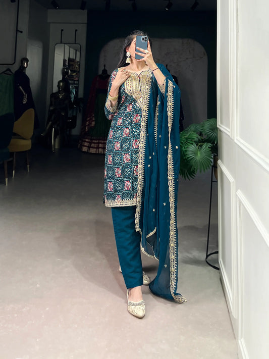 Teal Blue Rayon Salwar Suit With Print & Embroidery Work