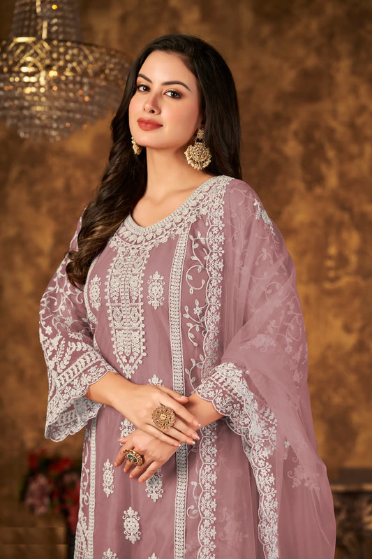 Dusty Peach Net Salwar Suit With Thread & Sequence Embroidery Work