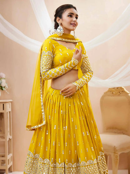 Yellow Lehenga choli With Sequence And Zari Embroidery Work With Soft Net dupatta