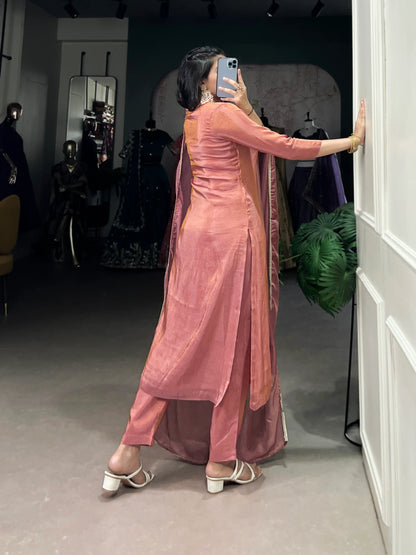 Peach Tissue Salwar Suit With Hand Work & Lace Touch Up