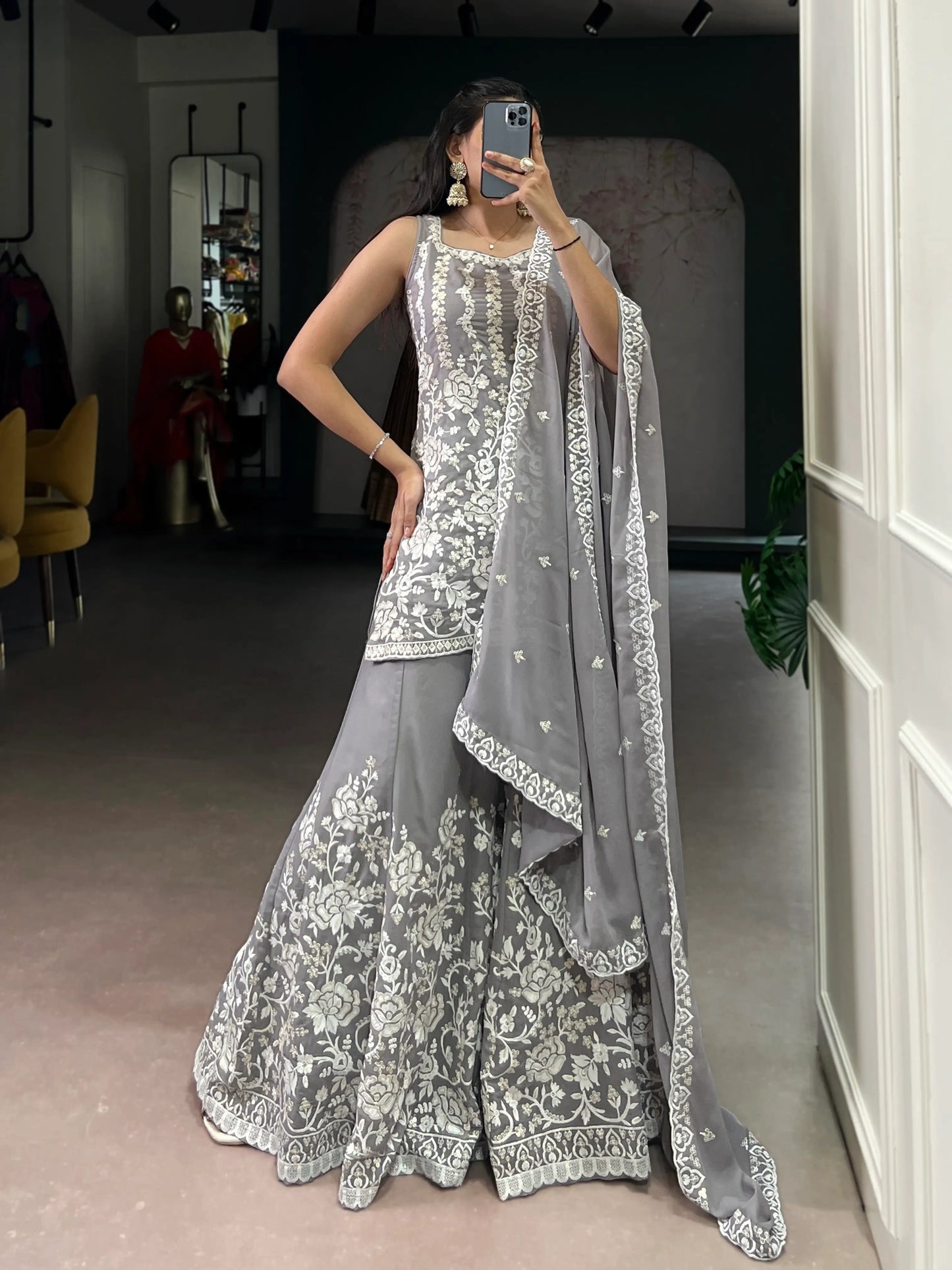 Dusty Grey Georgette Embroidery Salwar Suit
