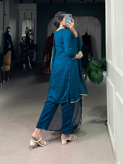 Peacock Blue Vichitra Silk Handwork Salwar Suit