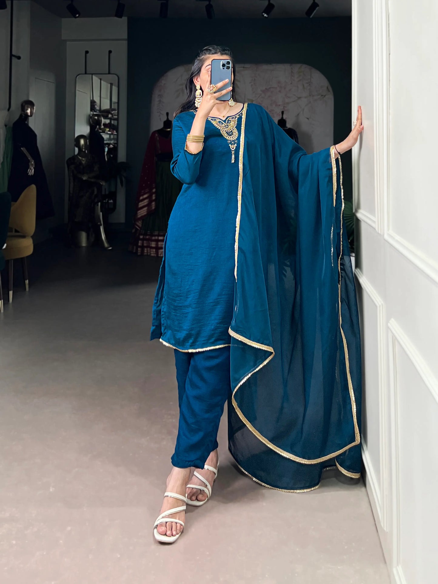 Peacock Blue Vichitra Silk Handwork Salwar Suit