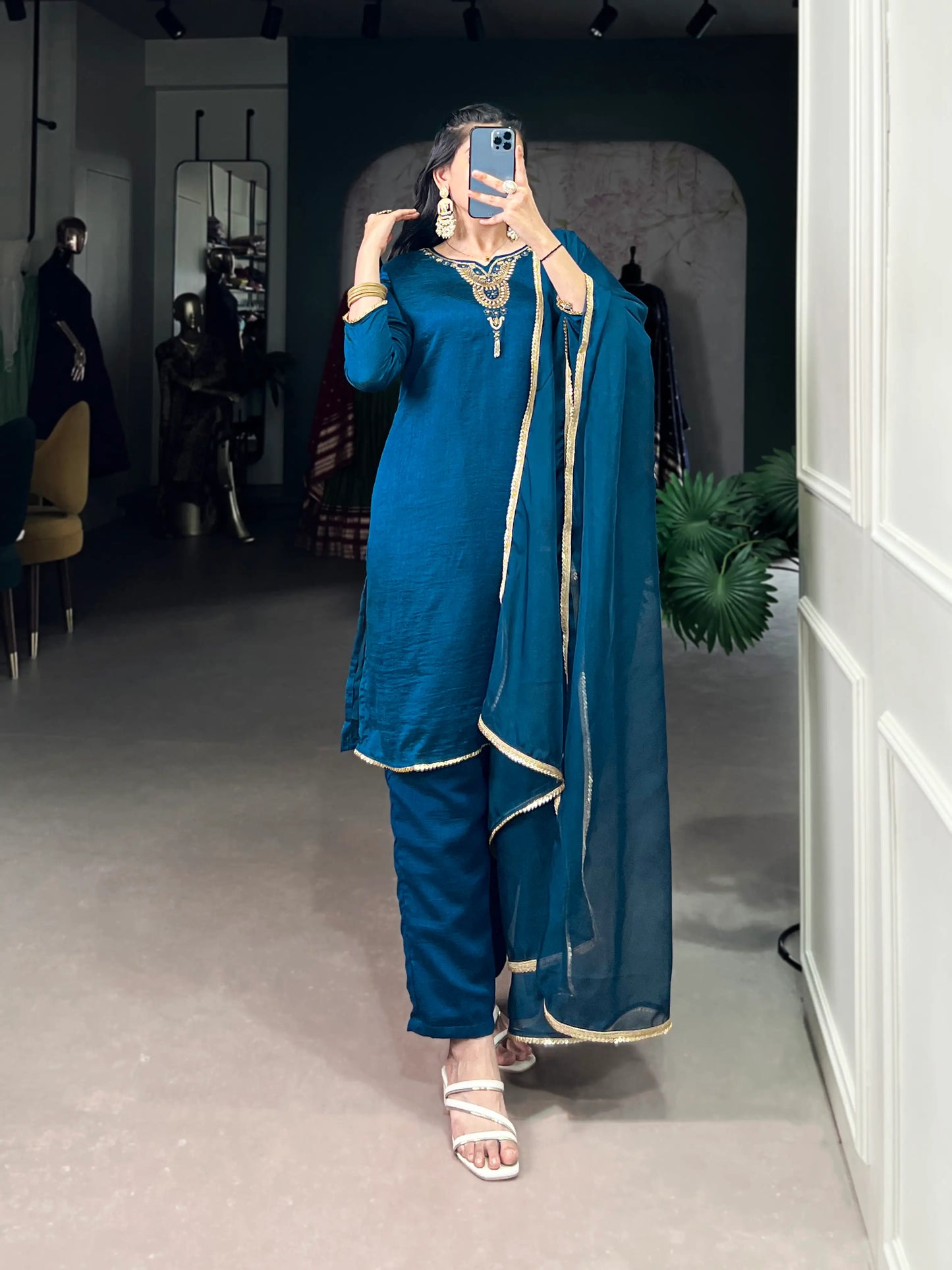 Peacock Blue Vichitra Silk Handwork Salwar Suit