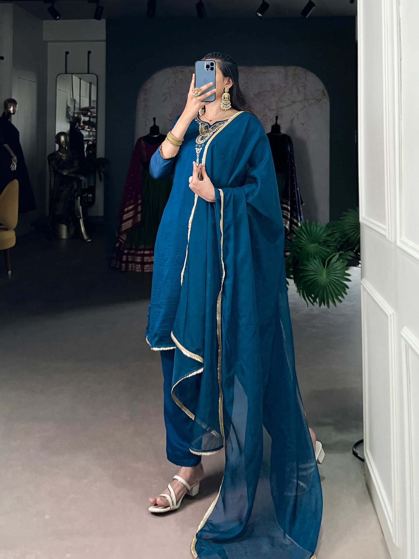 Peacock Blue Vichitra Silk Handwork Salwar Suit