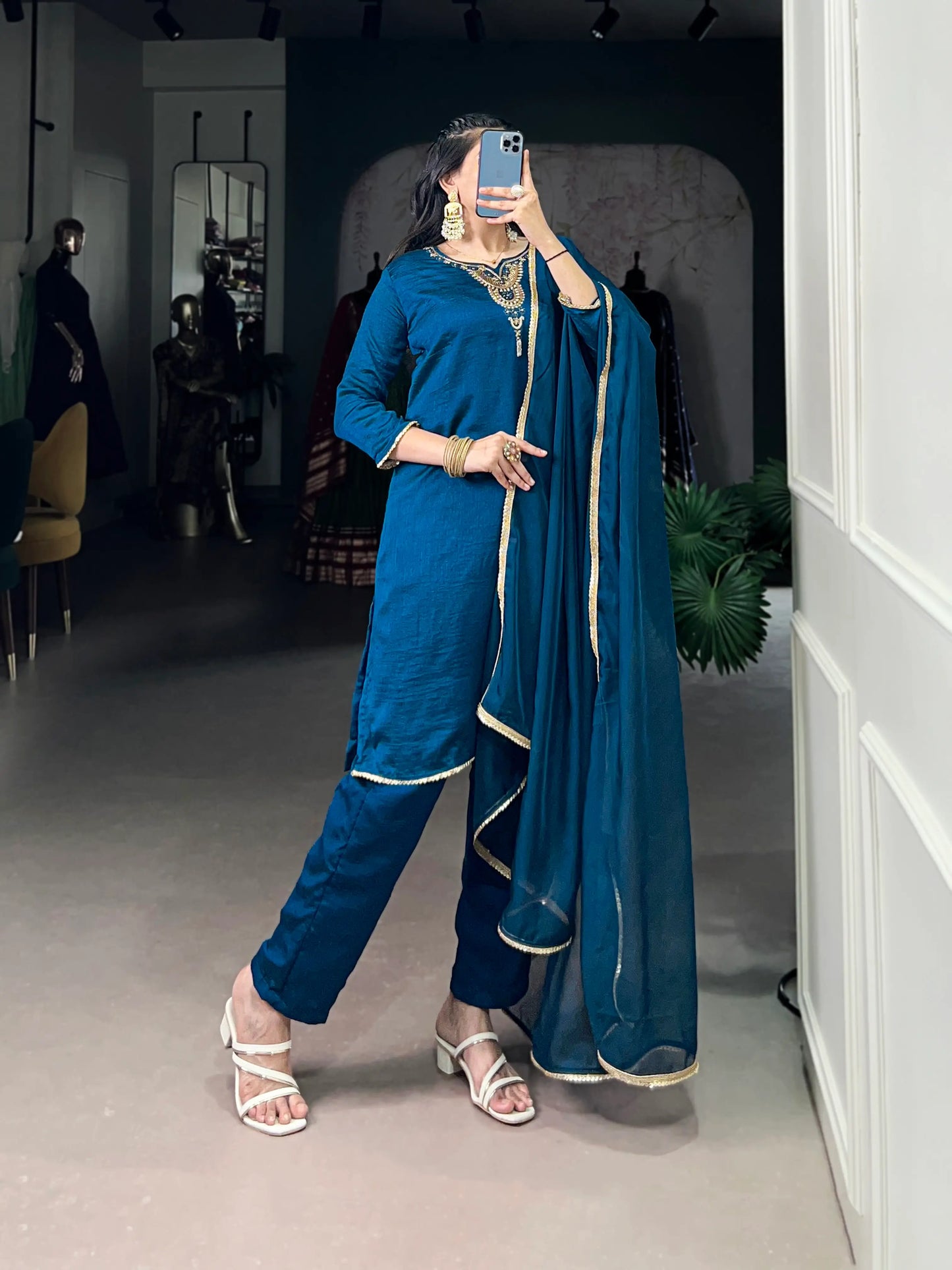 Peacock Blue Vichitra Silk Handwork Salwar Suit