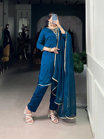 Peacock Blue Vichitra Silk Handwork Salwar Suit