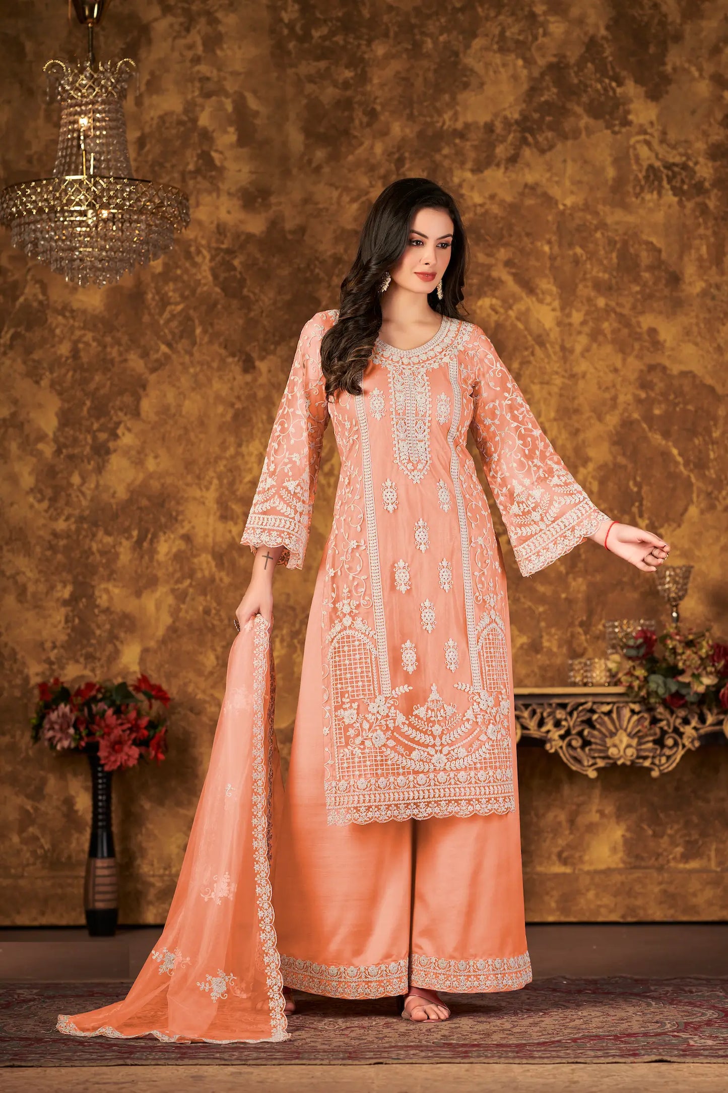 Peach Net Salwar Suit With Thread & Sequence Embroidery Work