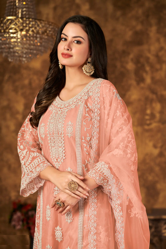 Peach Net Salwar Suit With Thread & Sequence Embroidery Work