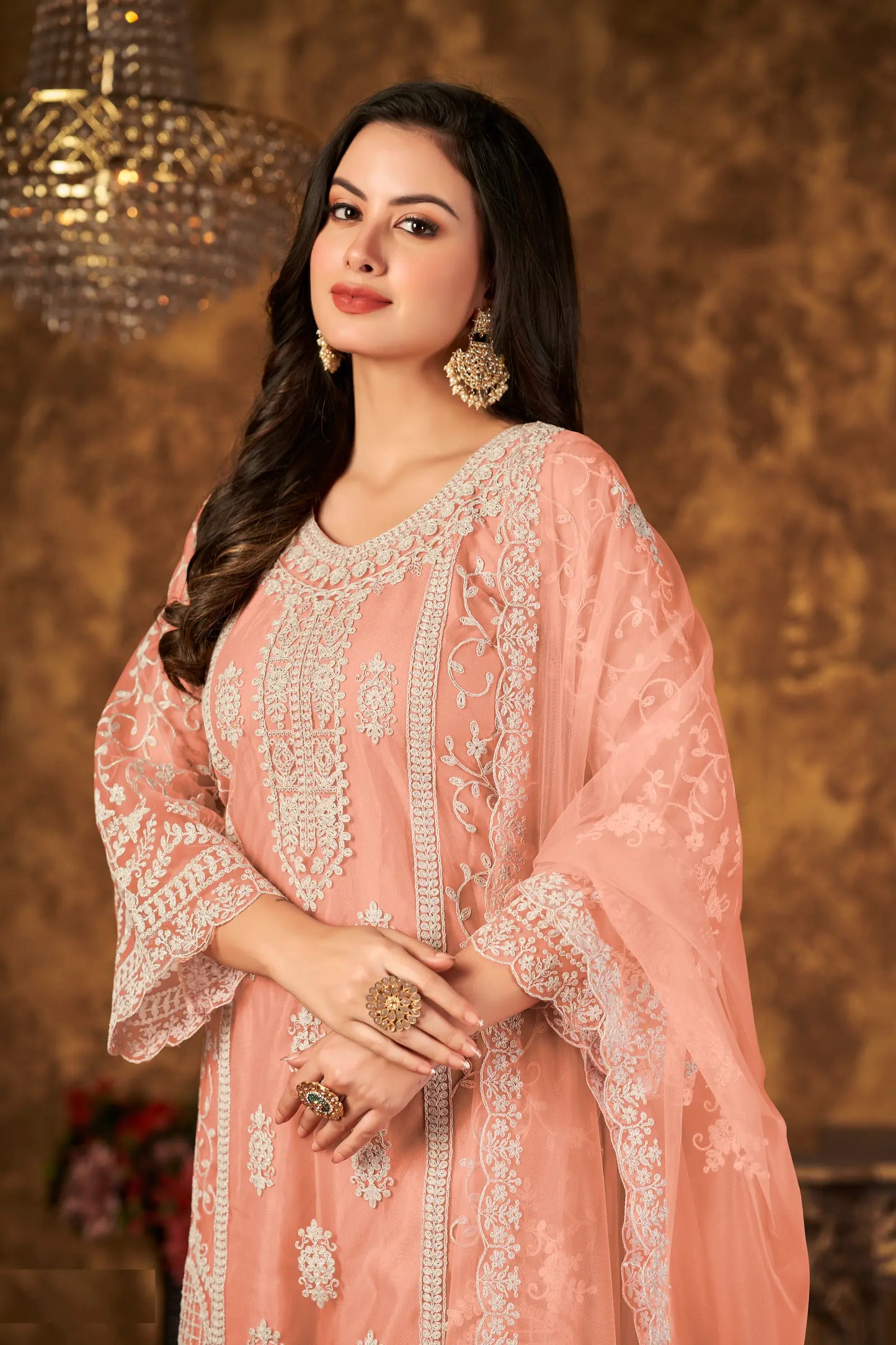 Peach Net Salwar Suit With Thread & Sequence Embroidery Work