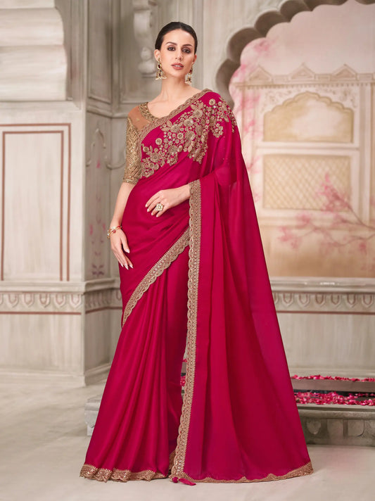Cherry Red Silk Party Wear Saree With Sequence & Thread Embroidery Work