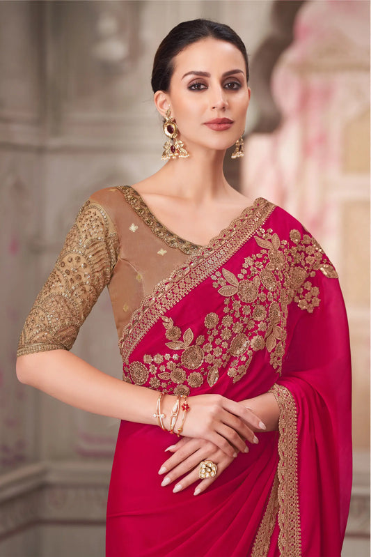 Cherry Red Silk Party Wear Saree With Sequence & Thread Embroidery Work