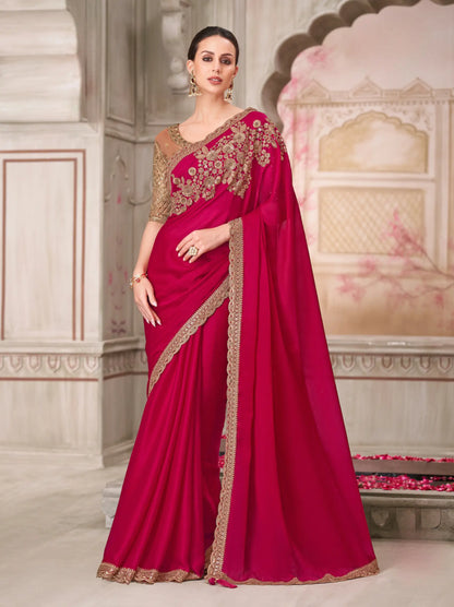 Cherry Red Silk Party Wear Saree With Sequence & Thread Embroidery Work