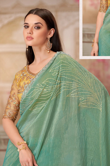 Sage Green Silk Party Wear Saree With Sequence & Thread Embroidery Work