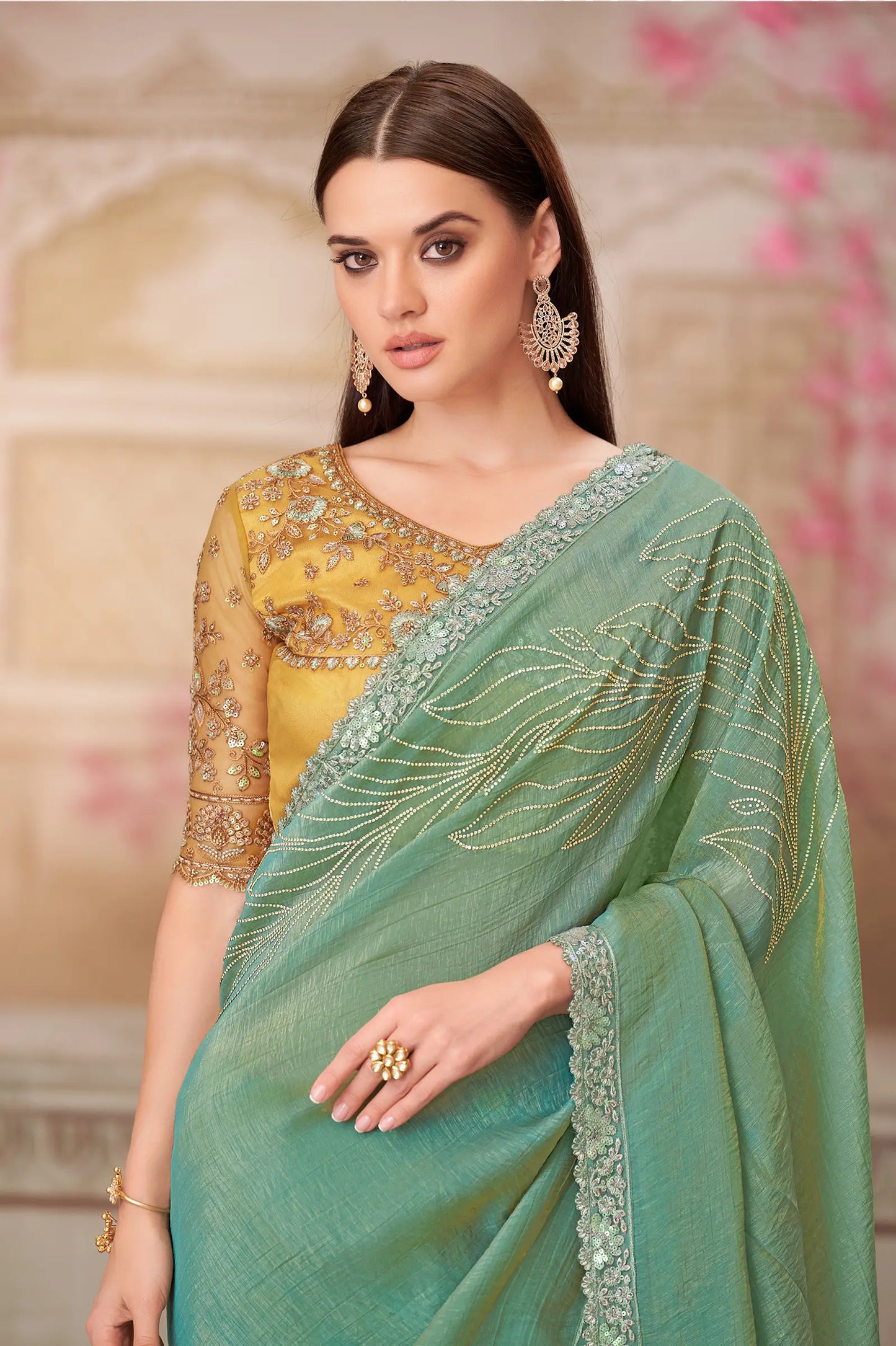 Sage Green Silk Party Wear Saree With Sequence & Thread Embroidery Work