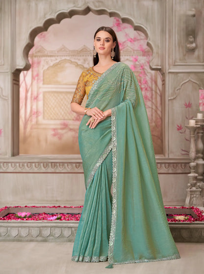 Sage Green Silk Party Wear Saree With Sequence & Thread Embroidery Work