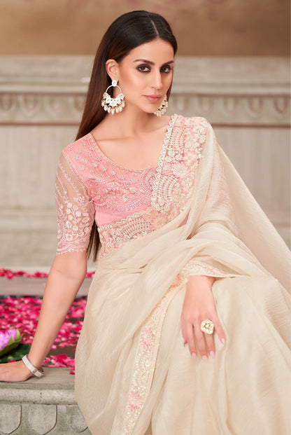 Pearl White Silk Party Wear Saree With Sequence & Thread Embroidery Work
