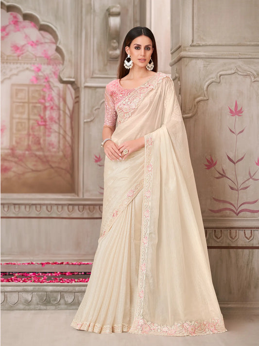 Pearl White Silk Party Wear Saree With Sequence & Thread Embroidery Work