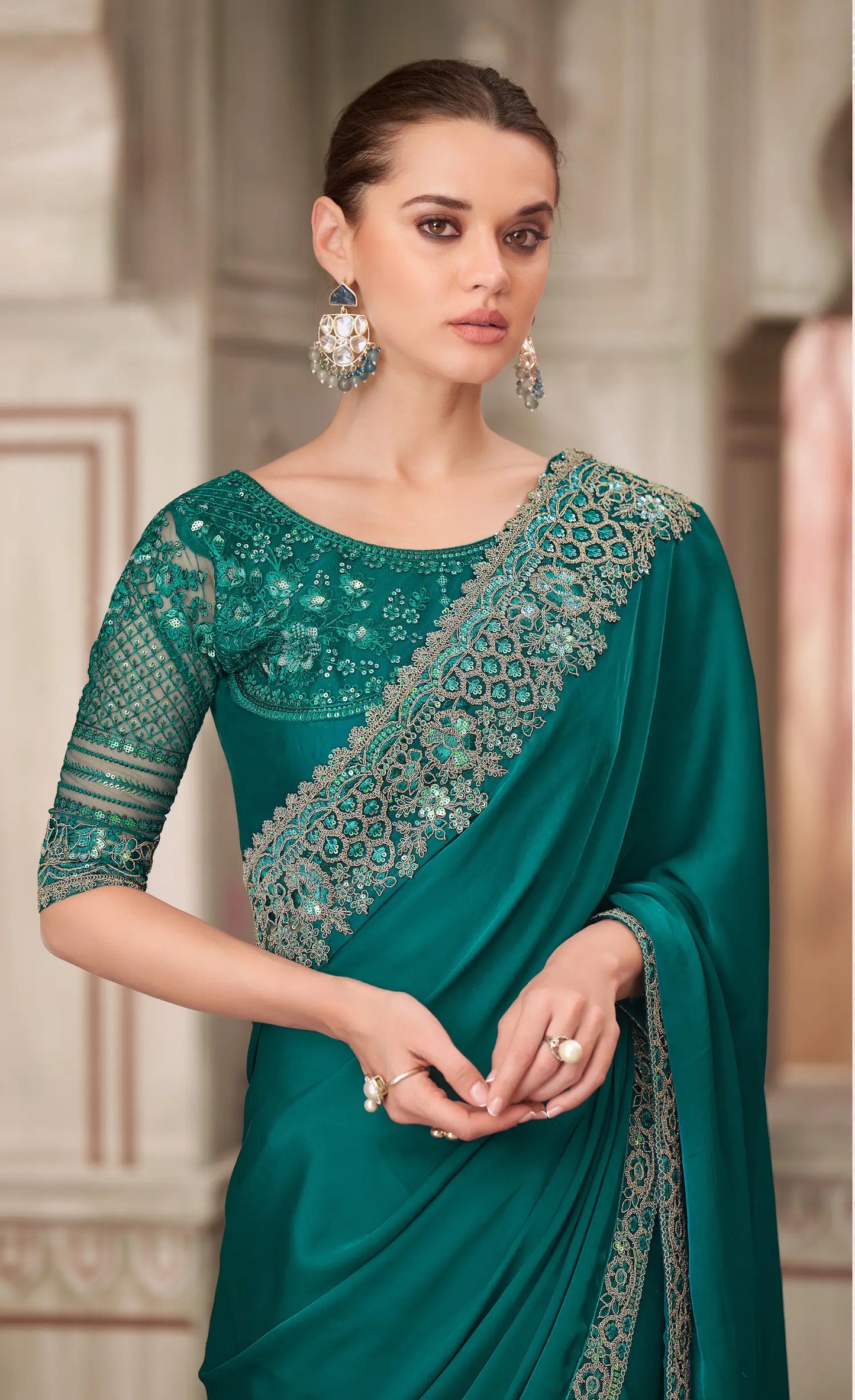 Peacock Blue Silk Party Wear Saree With Sequence & Thread Embroidery Work