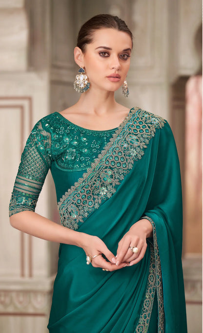 Peacock Blue Silk Party Wear Saree With Sequence & Thread Embroidery Work