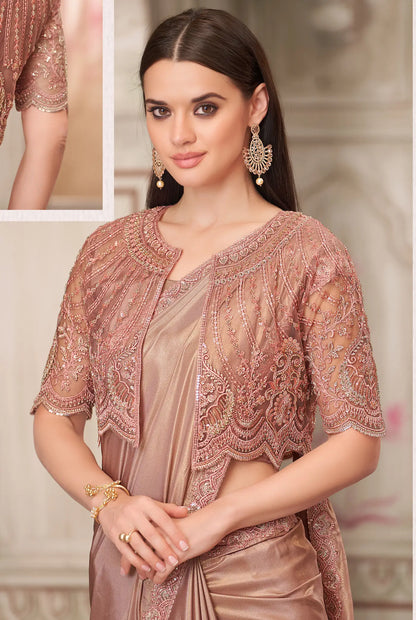 Rose Gold Shimmer Georgette Party Wear jacket Saree With Sequence & Thread Embroidery Work