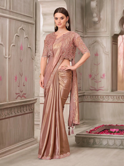 Rose Gold Shimmer Georgette Party Wear jacket Saree With Sequence & Thread Embroidery Work