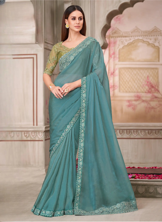 Sky Blue Georgette Silk Party Wear Saree With Sequence & Thread Embroidery Work