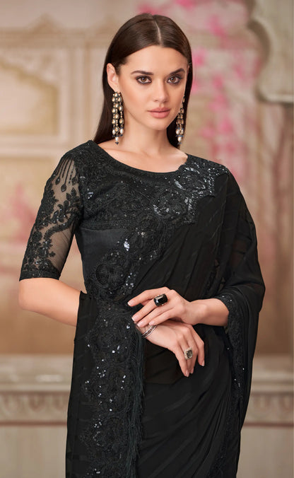 Black Georgette Party Wear Saree With Sequence & Thread Embroidery Work