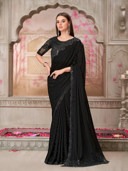 Black Georgette Party Wear Saree With Sequence & Thread Embroidery Work