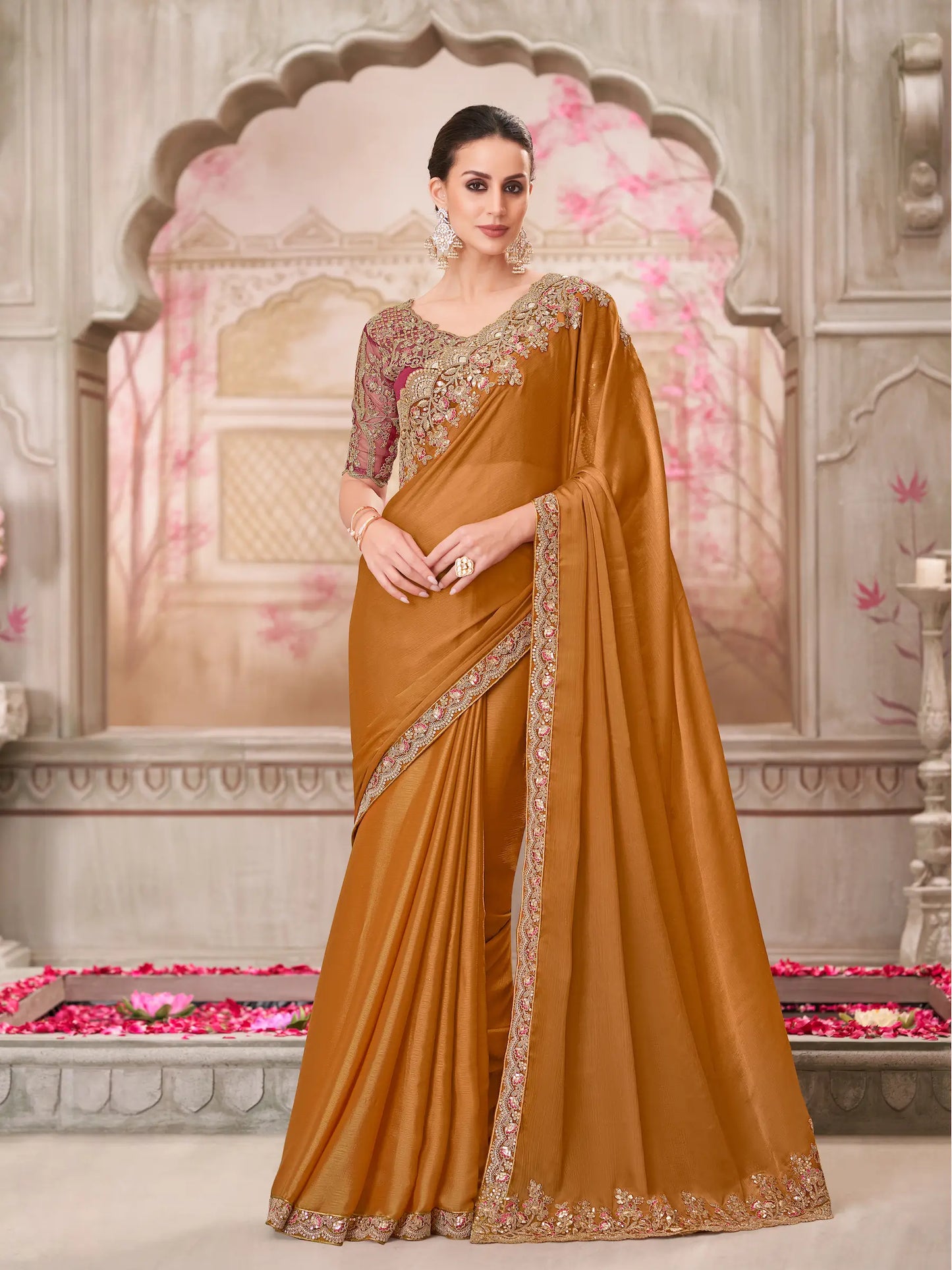 Rust Orange Chiffon Silk Party Wear Saree With Sequence & Thread Embroidery Work
