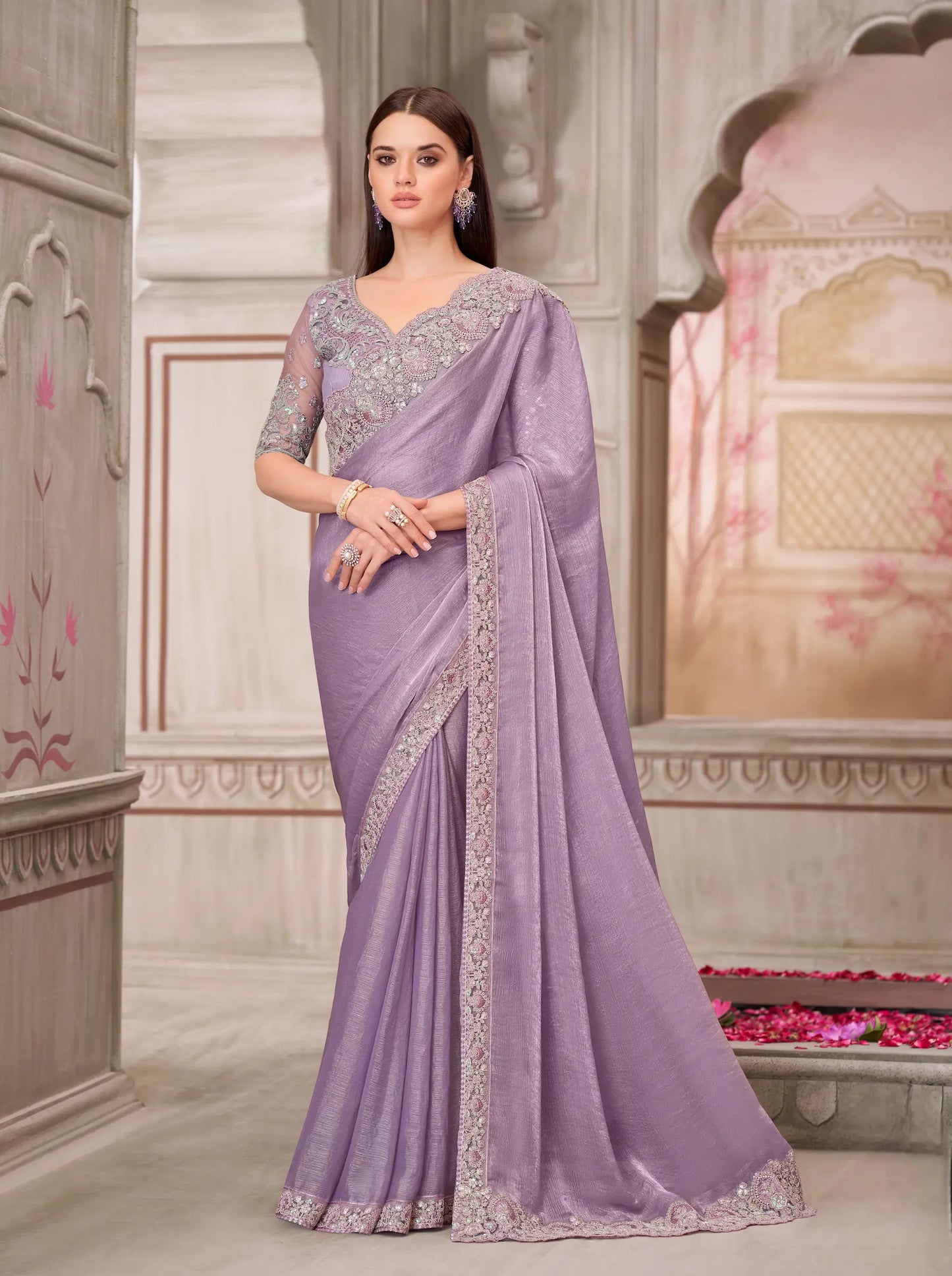 Lavender Chiffon Silk Party Wear Saree With Sequence & Thread Embroidery Work