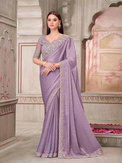 Lavender Chiffon Silk Party Wear Saree With Sequence & Thread Embroidery Work