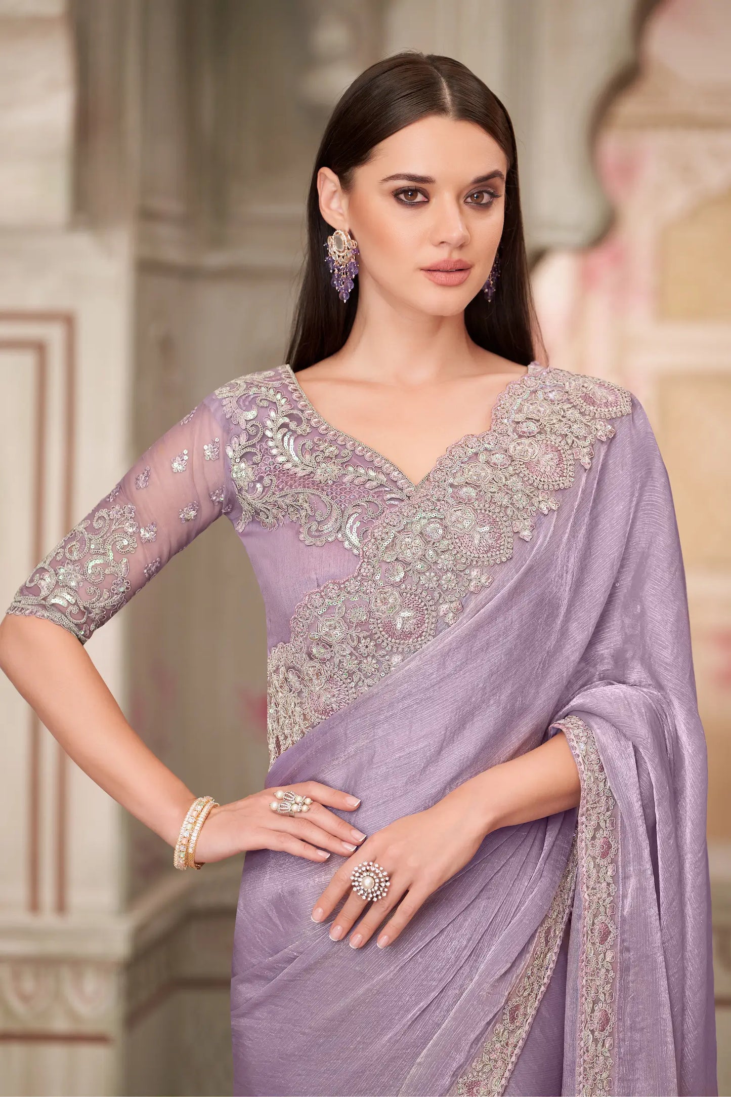 Lavender Chiffon Silk Party Wear Saree With Sequence & Thread Embroidery Work