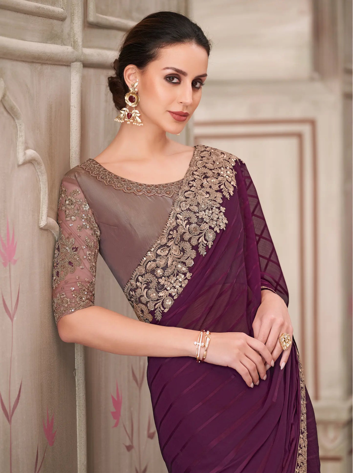 Wine Georgette Party Wear Saree With Sequence & Thread Embroidery Work