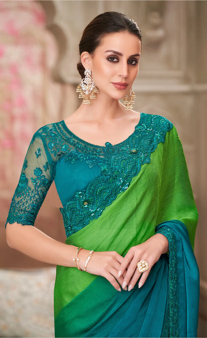 Shaded Satin Chiffon Party Wear Saree With Sequence & Thread Embroidery Work