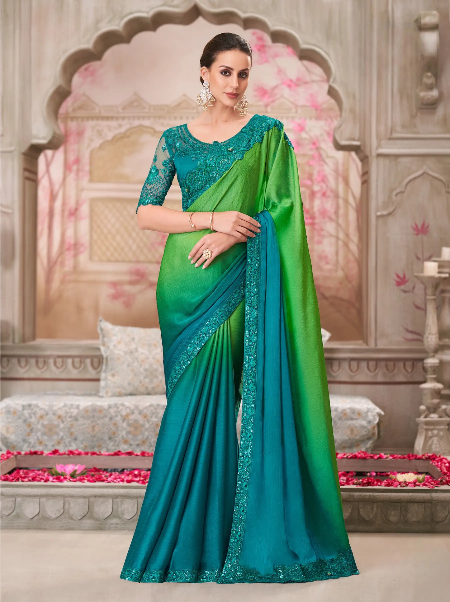Shaded Satin Chiffon Party Wear Saree With Sequence & Thread Embroidery Work