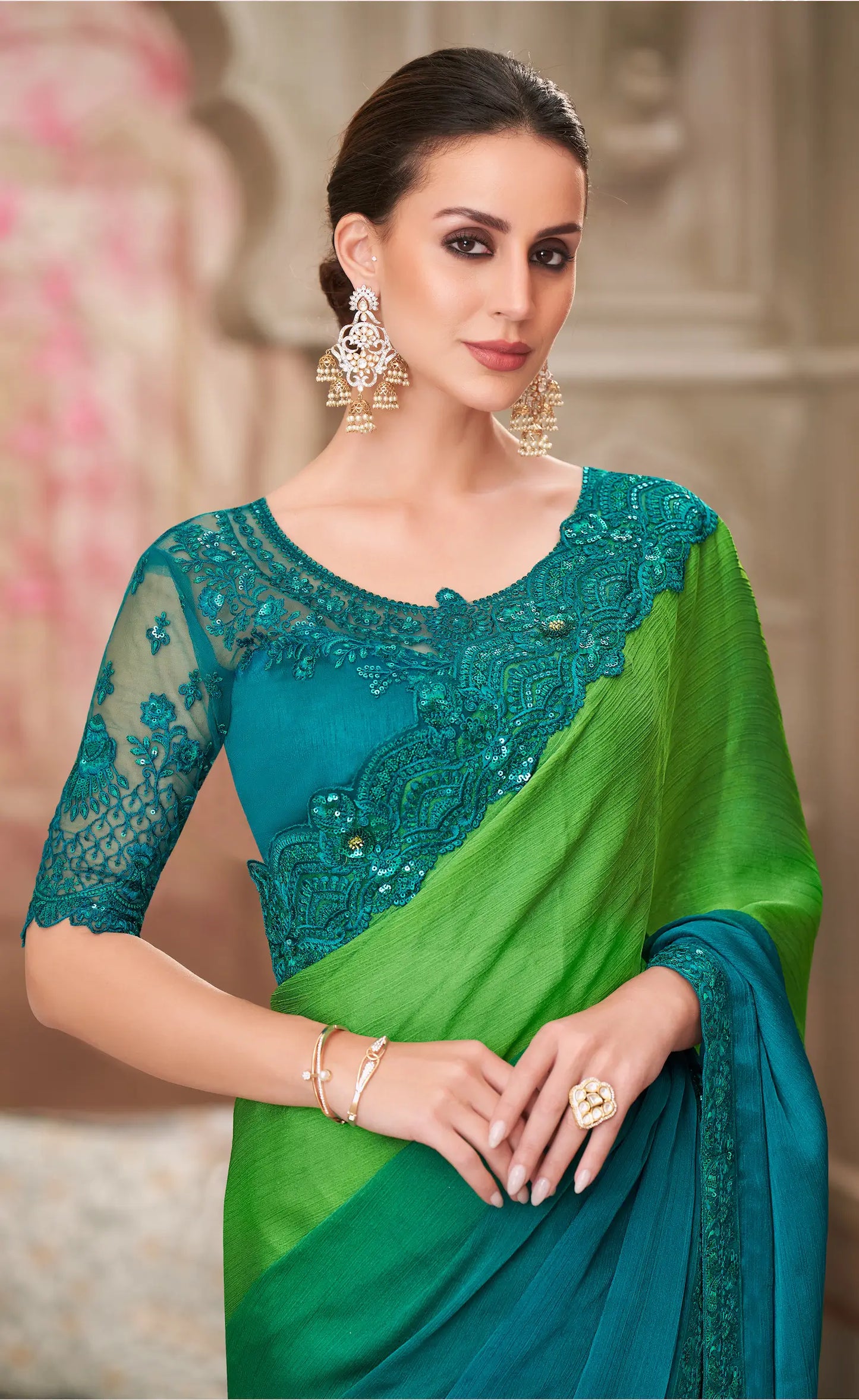 Shaded Satin Chiffon Party Wear Saree With Sequence & Thread Embroidery Work