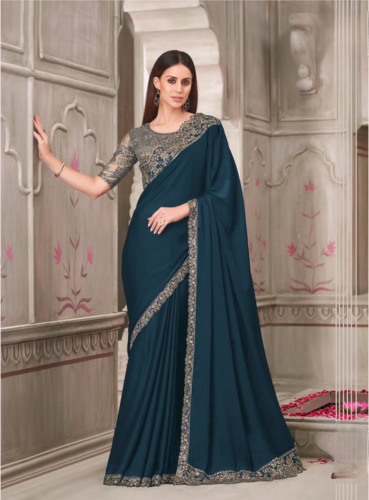 Navy Blue Satin Georgette Party Wear Saree With Sequence & Thread Embroidery Work