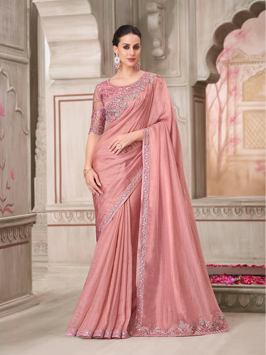 Powder Pink Satin Georgette Party Wear Saree With Sequence & Thread Embroidery Work