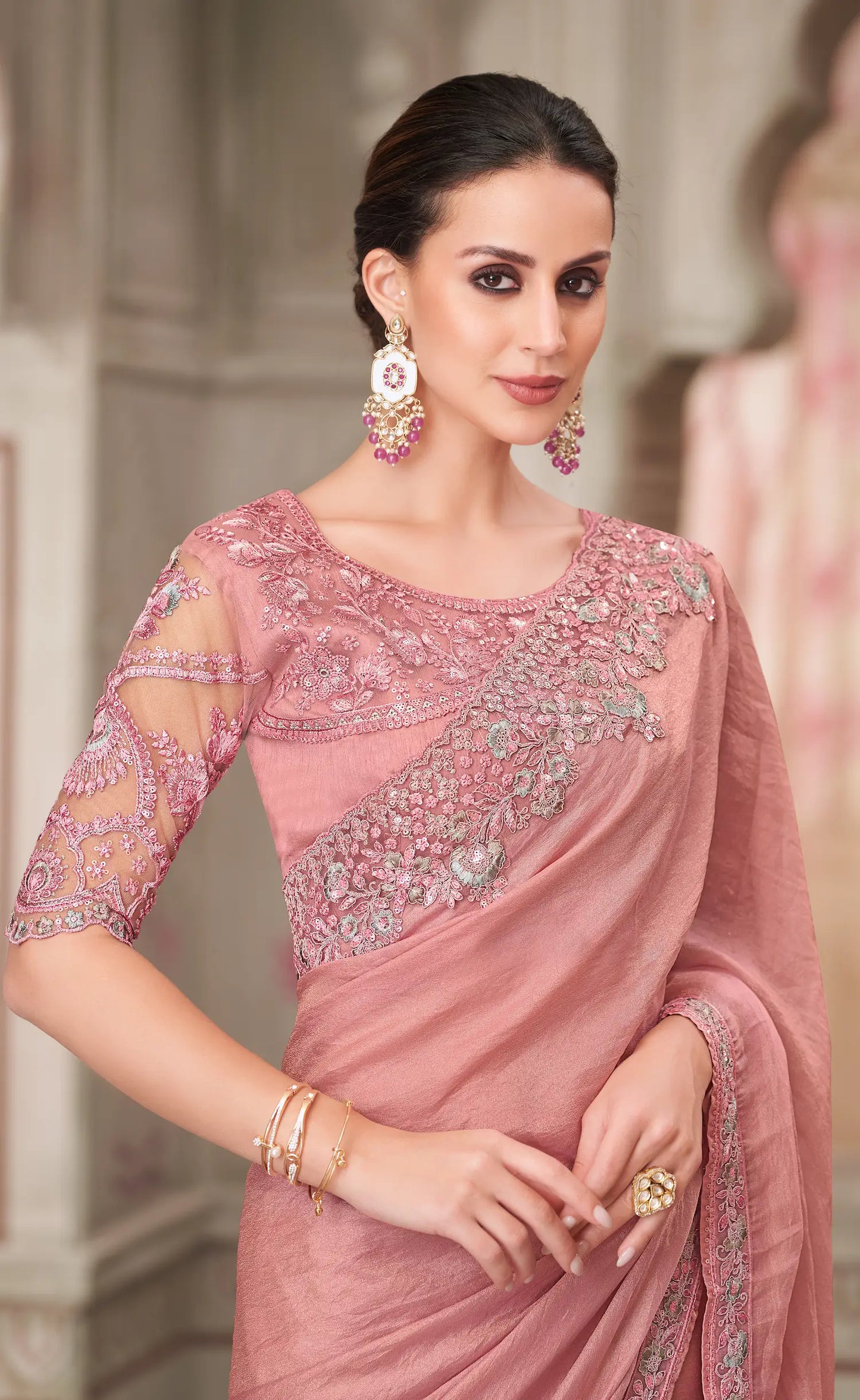 Powder Pink Satin Georgette Party Wear Saree With Sequence & Thread Embroidery Work