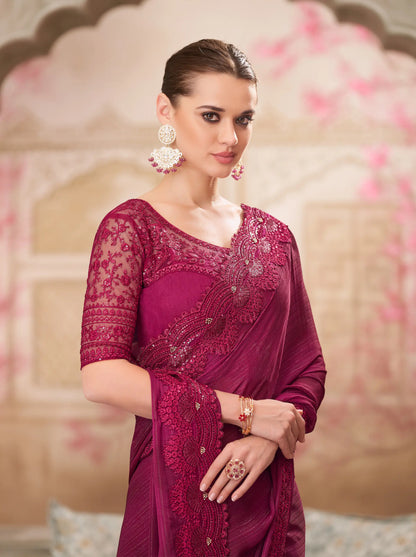 Wine Red Satin Georgette Party Wear Saree With Sequence & Thread Embroidery Work