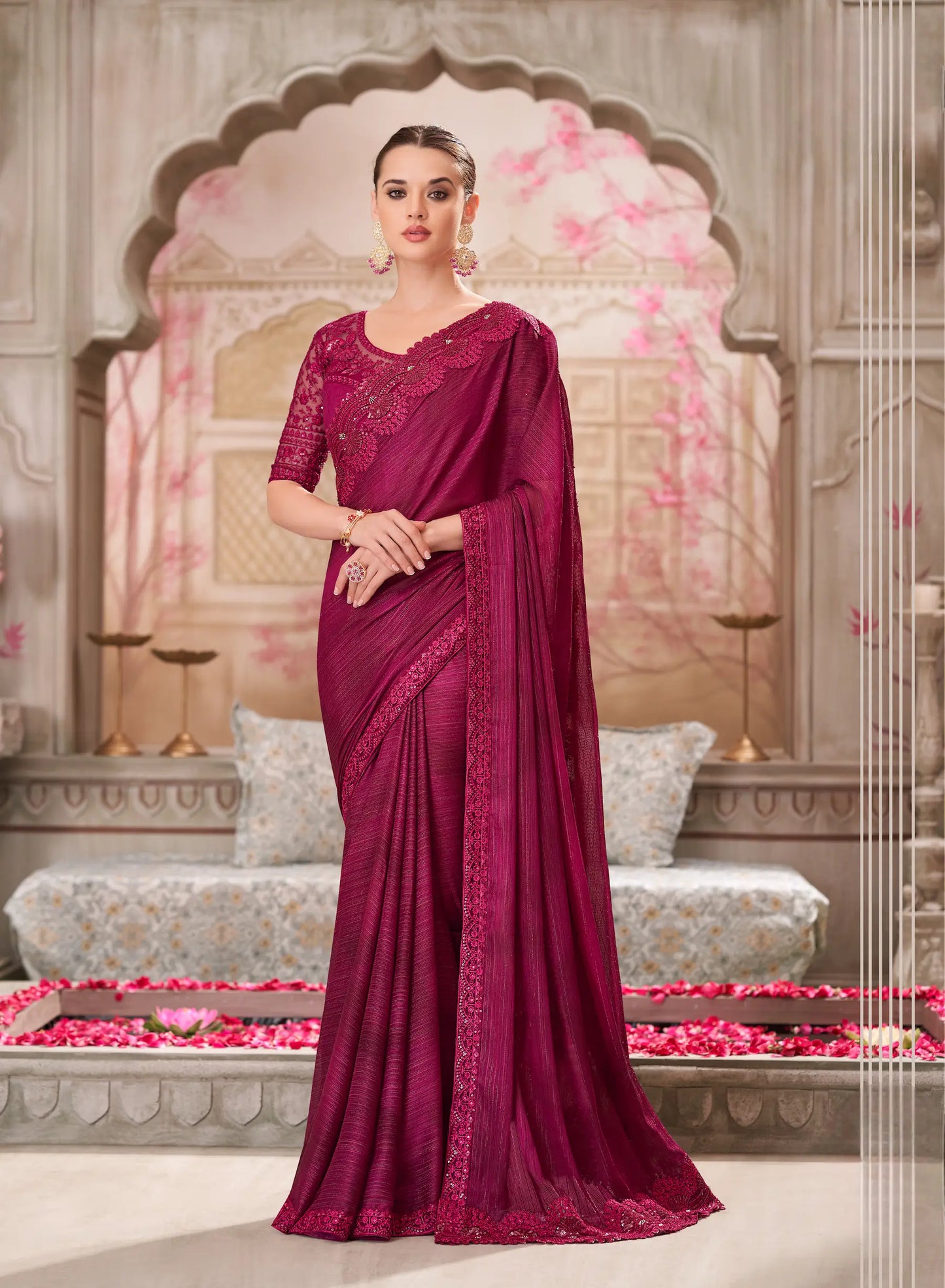 Wine Red Satin Georgette Party Wear Saree With Sequence & Thread Embroidery Work