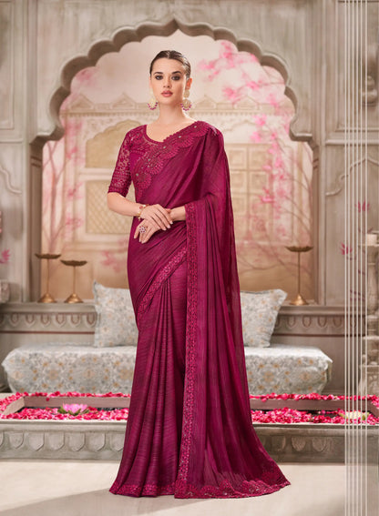Wine Red Satin Georgette Party Wear Saree With Sequence & Thread Embroidery Work
