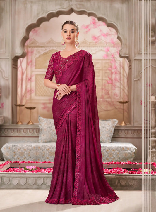 Wine Red Satin Georgette Party Wear Saree With Sequence & Thread Embroidery Work