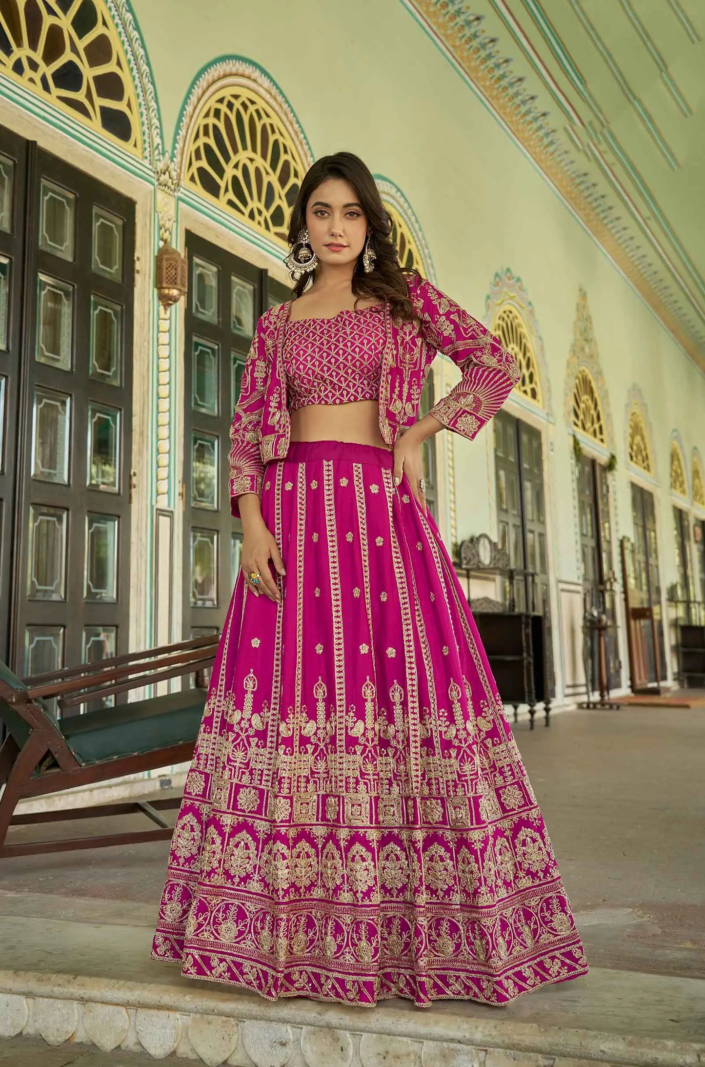 Designer Rani Pink Heavy Embroidery Work Lehenga With Koti