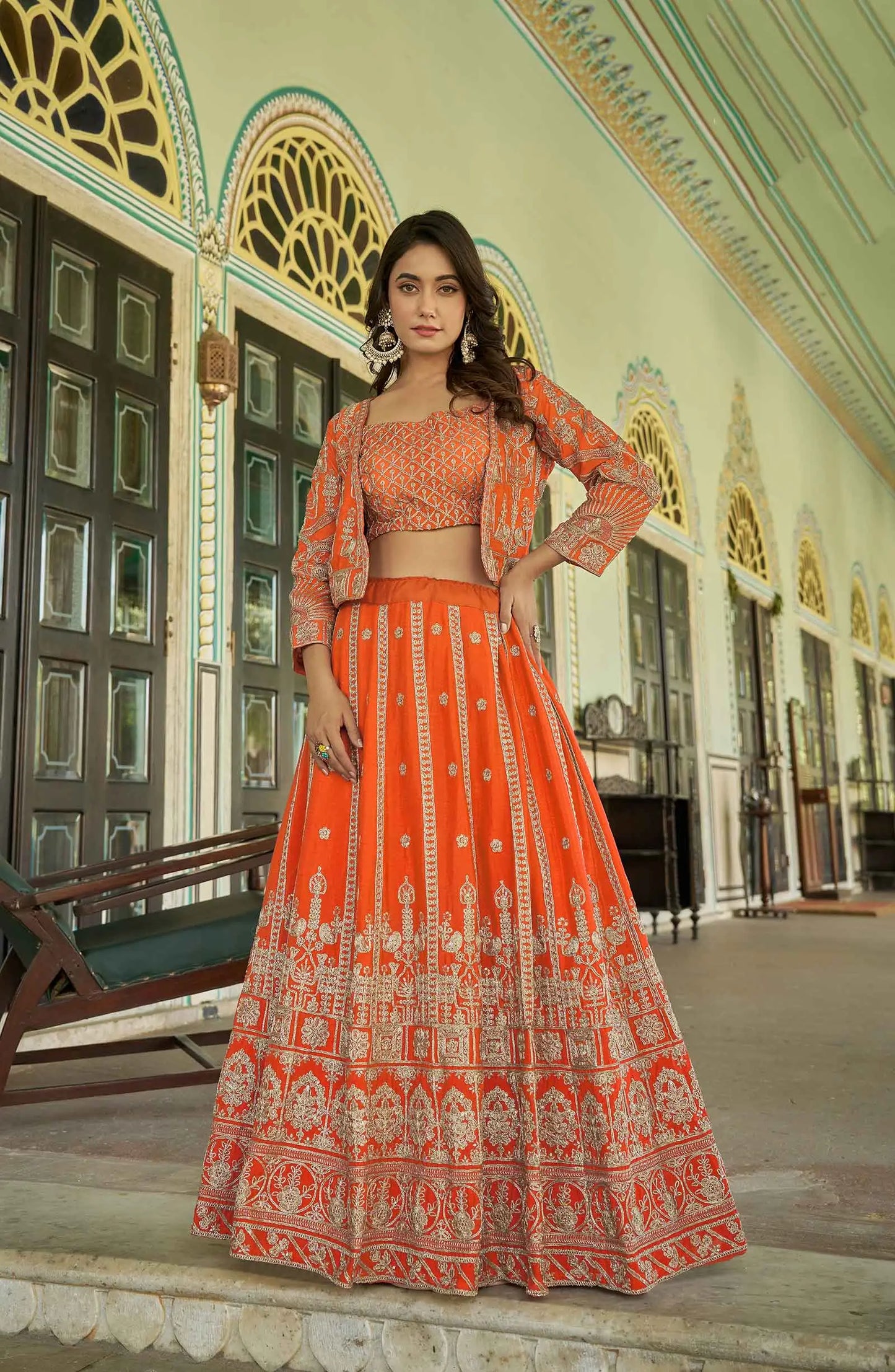 Designer Deep Orange Heavy Embroidery Work Lehenga With Koti