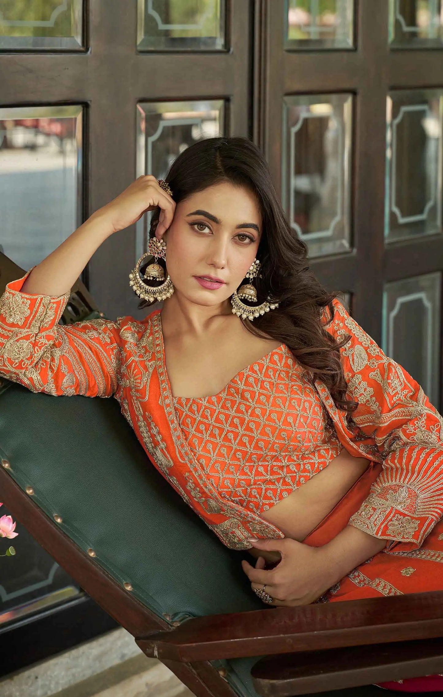 Designer Deep Orange Heavy Embroidery Work Lehenga With Koti