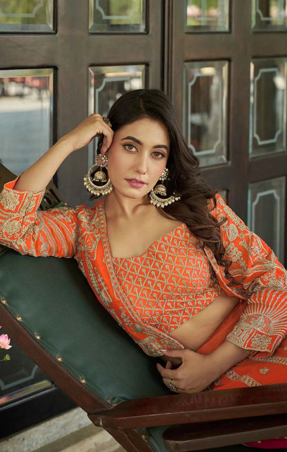 Designer Deep Orange Heavy Embroidery Work Lehenga With Koti