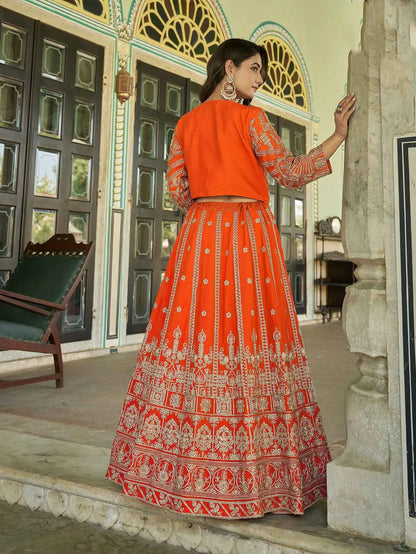 Designer Deep Orange Heavy Embroidery Work Lehenga With Koti