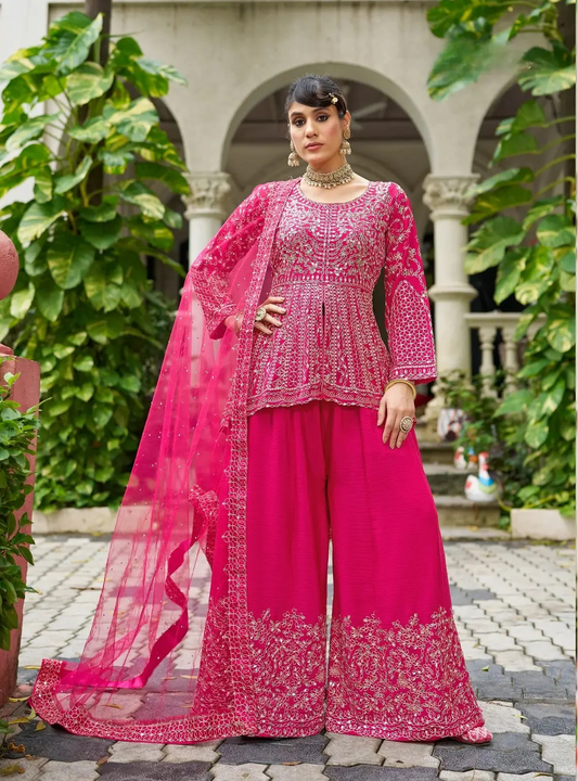 Deep Pink Chinon Mirror Work Salwar Suit